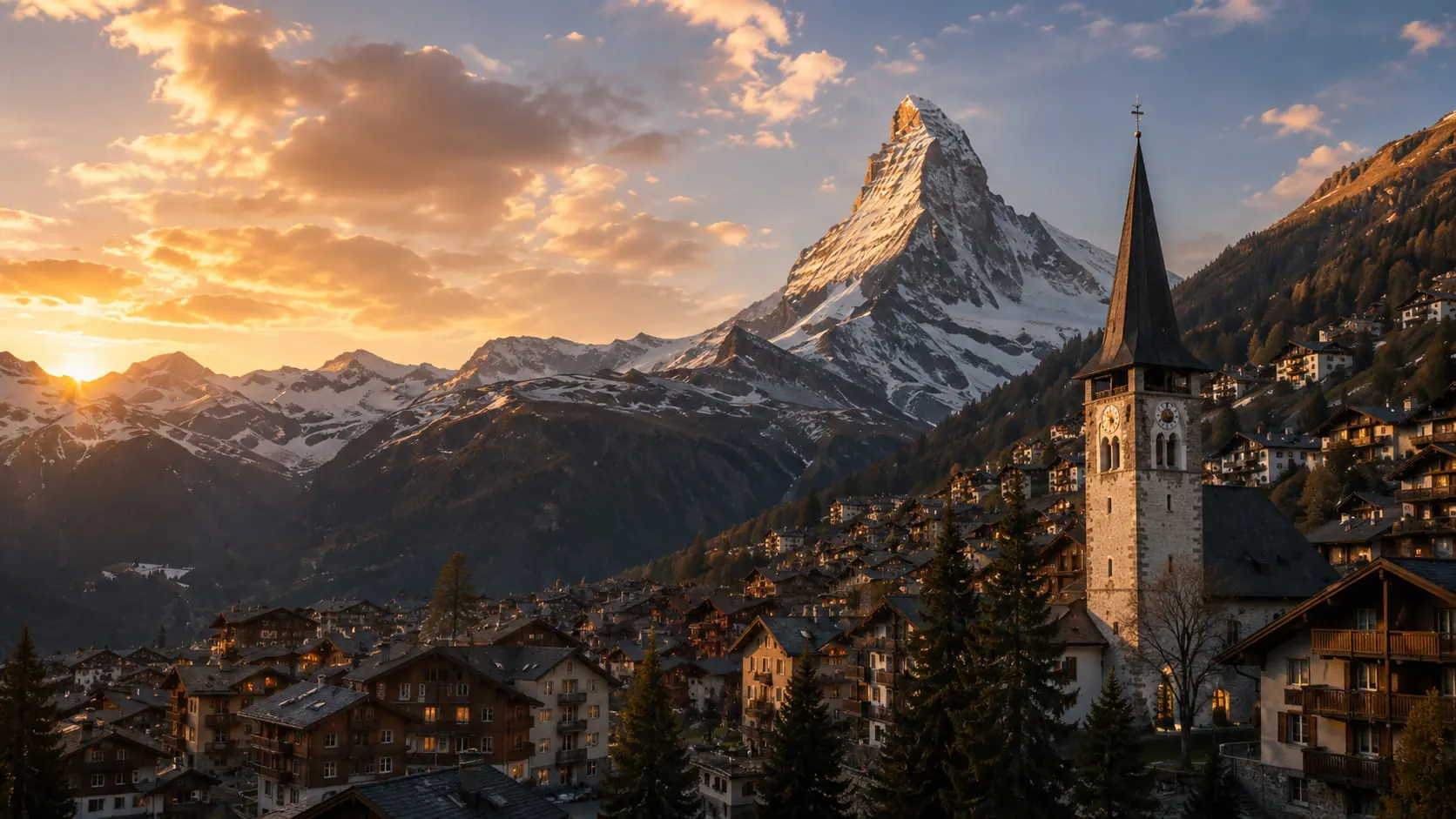 Zermatt village at sunset with the Matterhorn above the valley