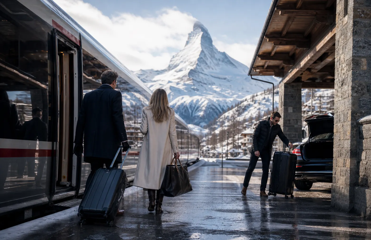 Travelers arriving by train with luggage and alpine transfer support in Zermatt
