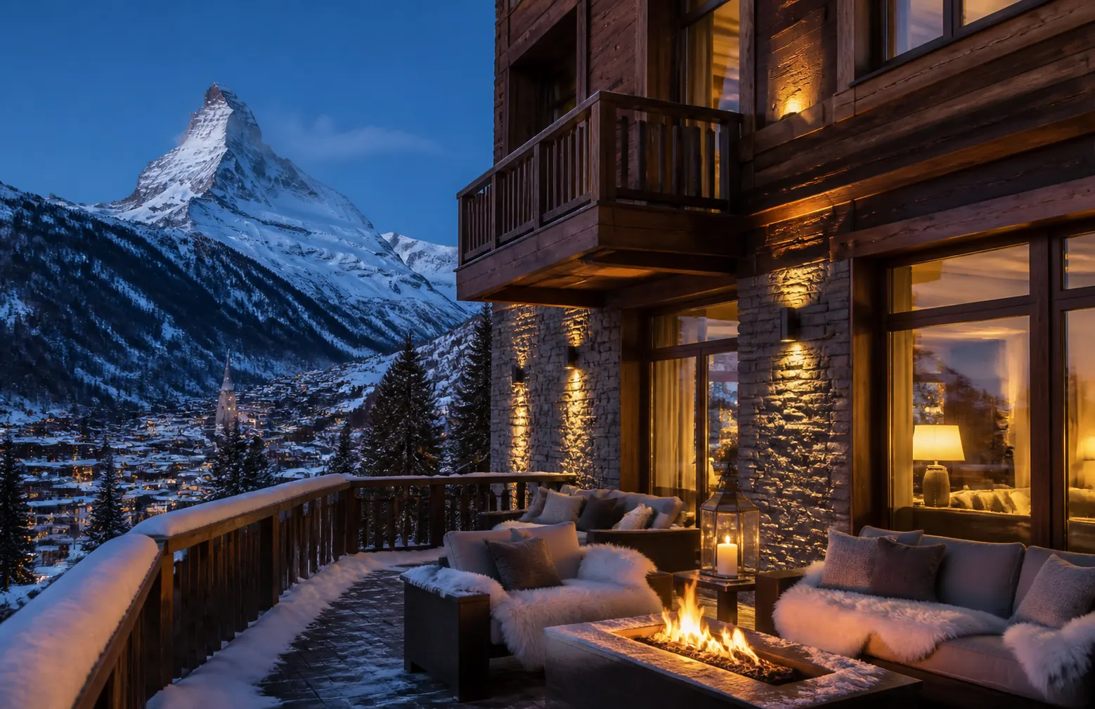 Alpine chalet terrace overlooking Zermatt and the Matterhorn at blue hour