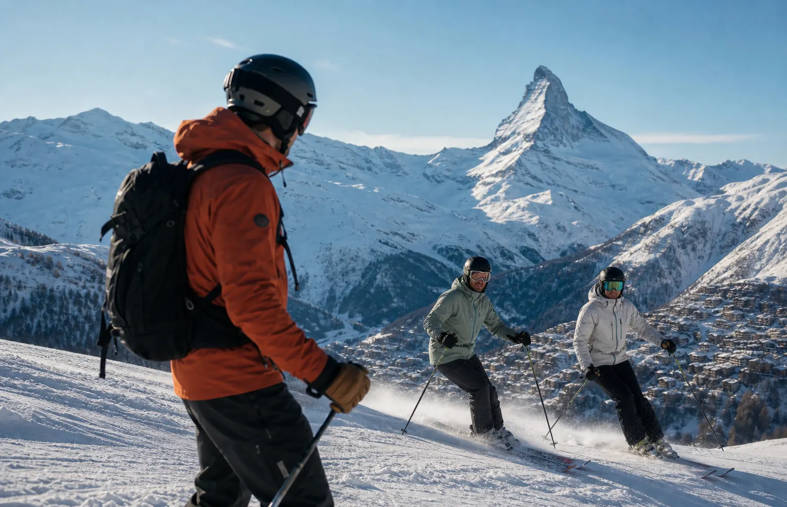 Private ski guide leading guests on a Zermatt piste with the Matterhorn behind