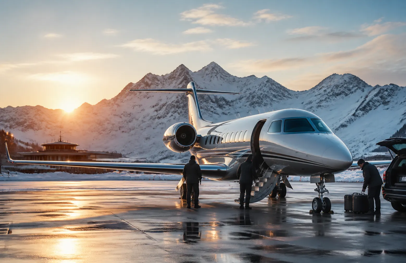 Private jet prepared for arrival beside snowy alpine mountains