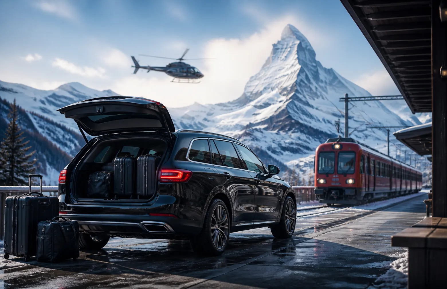 Private car transfer with luggage beside a Swiss alpine train platform