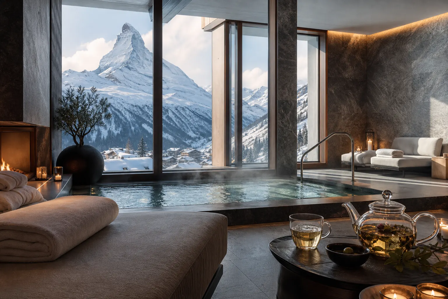 Serene alpine spa with mountain views